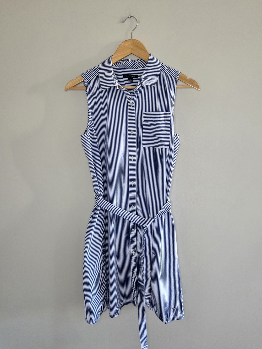 Tommy Hilfiger blue + white striped sleeveless blouse shirt dress, belted waist
